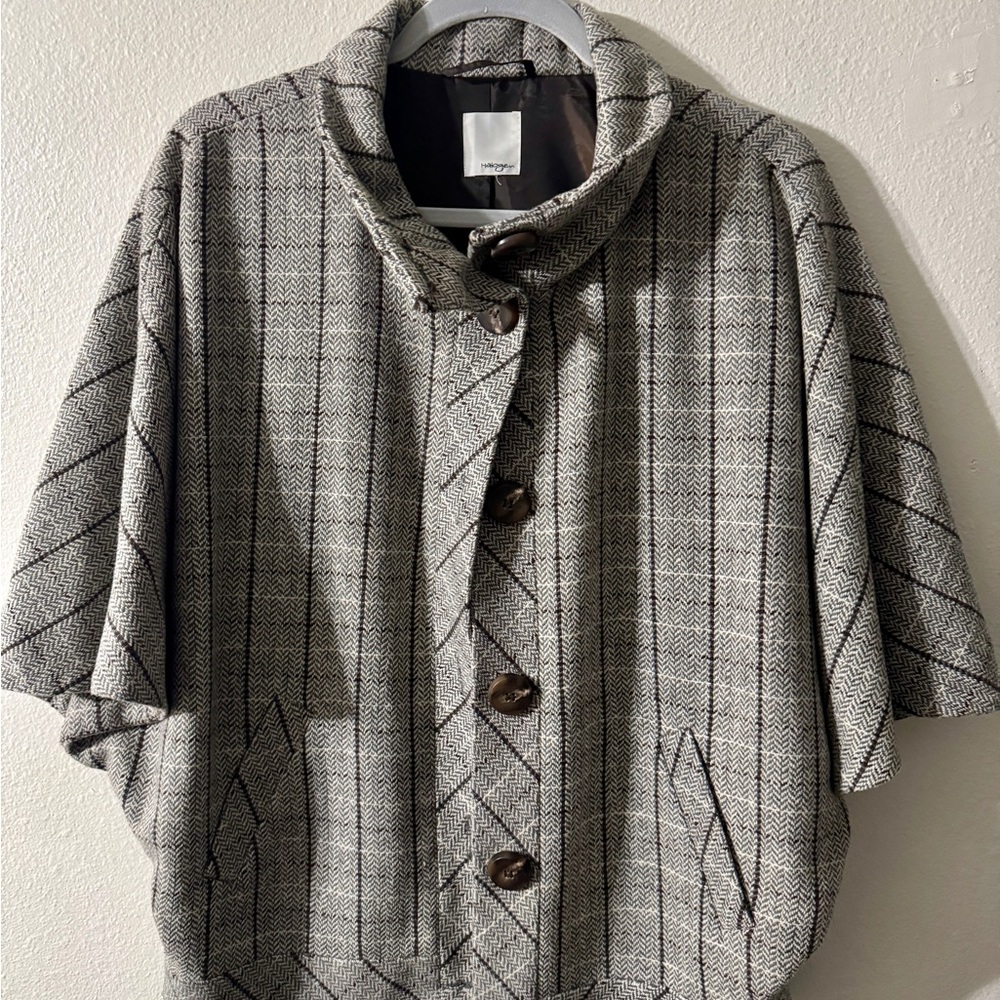 Halogen Coat Cape Poncho Women L Brown Plaid wool Blend Boho